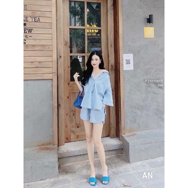 Set jean áo sơ mi form rộng tay ngắn phối quần short! 245k