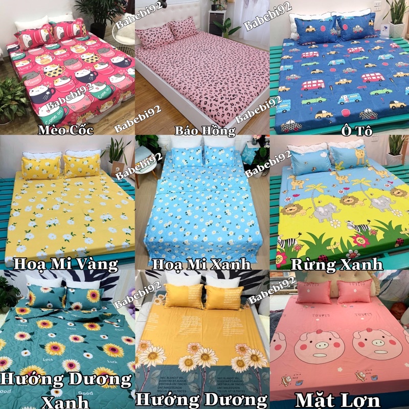 Bộ ga kèm đôi vỏ gối 3 món poly cotton siêu ngộ nghĩnh m6 hoặc m8 nhiều màu xinh ga được bo chun