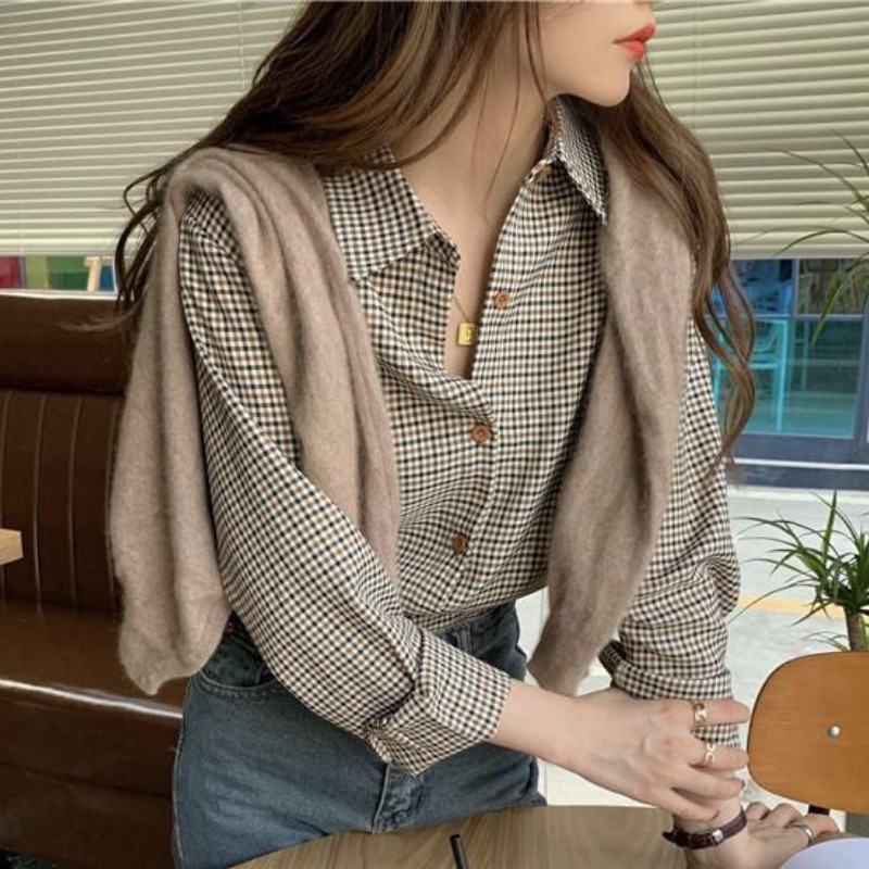 Áo Sơ Mi Tay Dài Kẻ Sọc Caro Phong Cách Retro Dễ Phối Đồ Thời Trang Cho Nữ