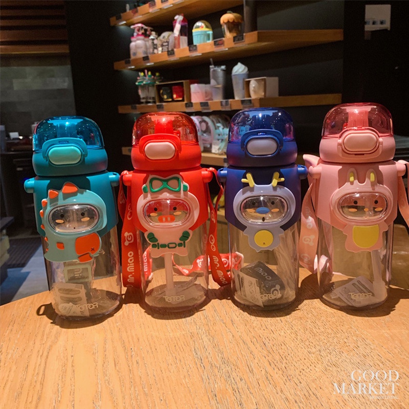 Bình Nước Nhựa Cao Cấp 600ml Có Ống Hút Và Dây Đeo Họa Tiết Hoạt Hình Cho Bé