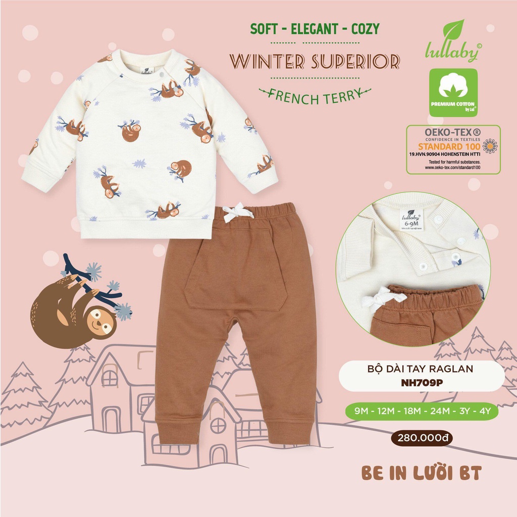 [CHÍNH HÃNG] Bộ nỉ cotton dài tay raglan in họa tiết thu đông trẻ em Lullaby