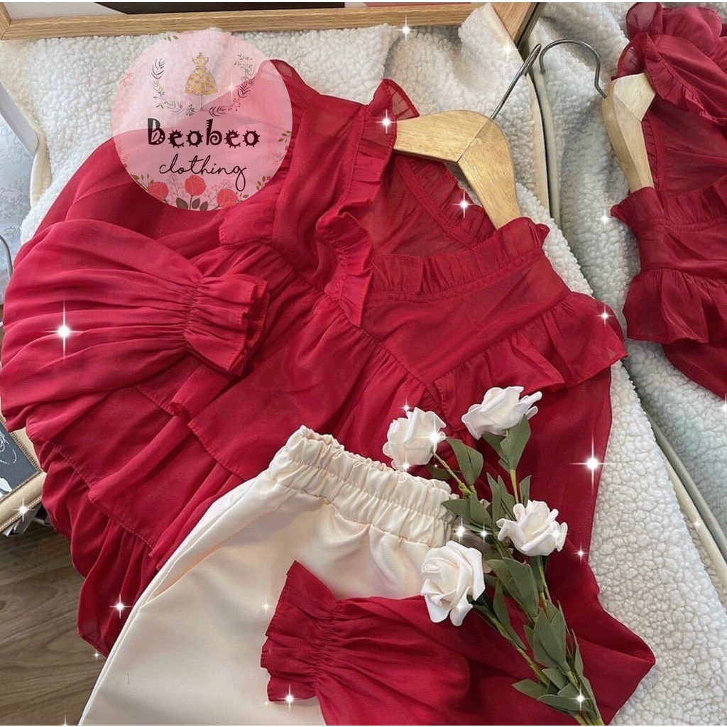 Set áo babydoll bèo tầng đỏ kèm quần short dễ thương