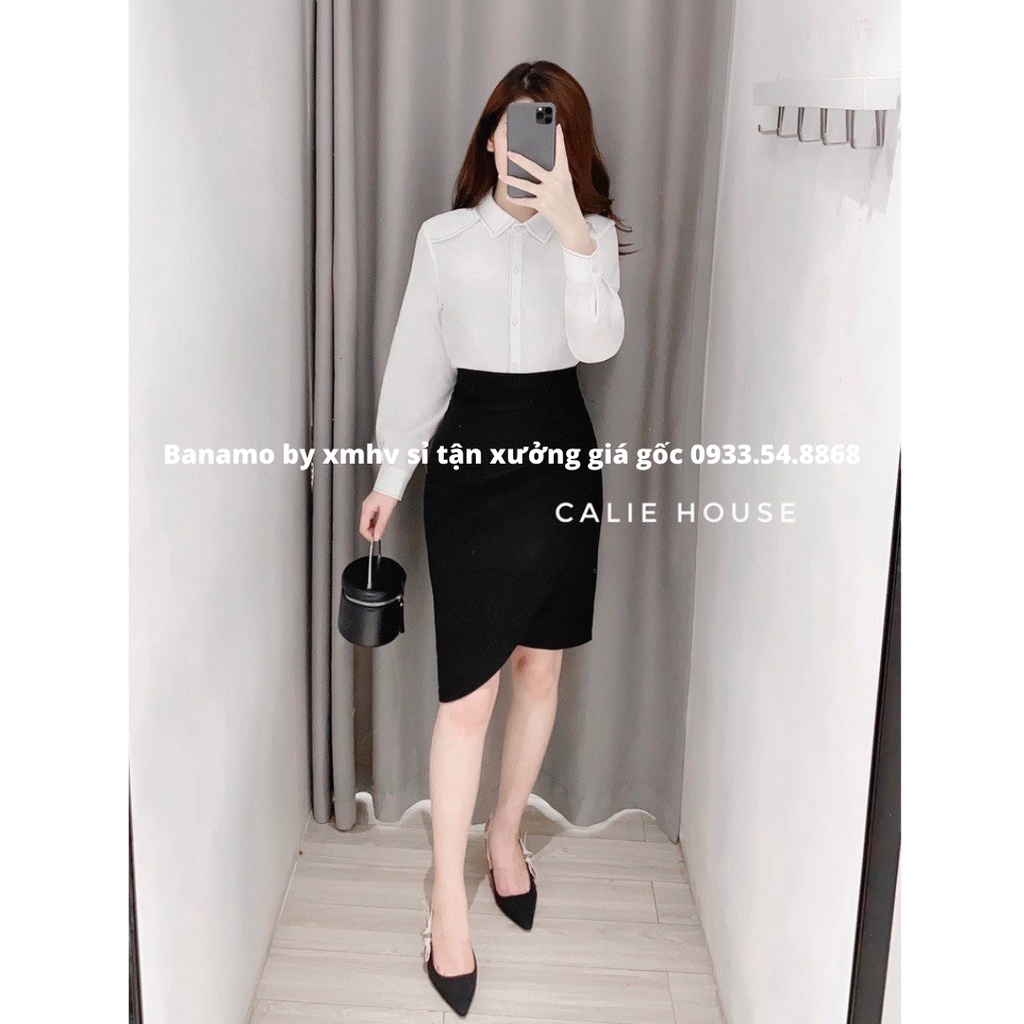 Chân váy vạt lệch xếp ly eo dáng dài thời trang Banamo Fashion chân váy nhún eo 533