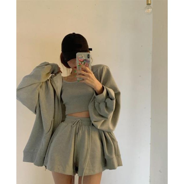 Set đồ hoodie nữ trơn ulzzang chất cotton cho mùa hè ( ẢNH THẬT )