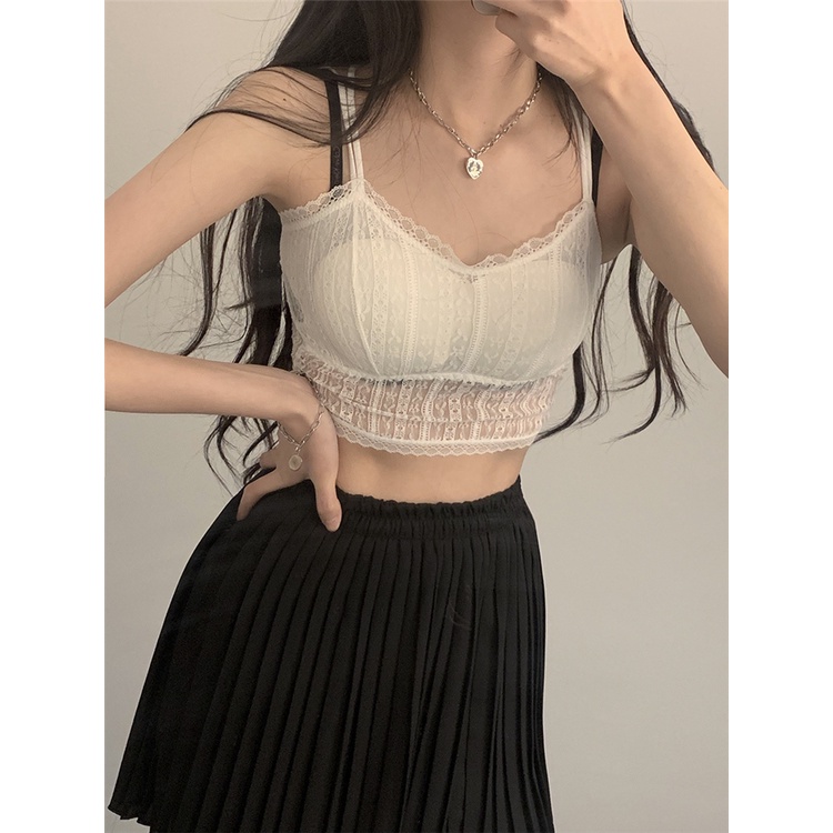 Xiaozhainv Áo hai dây không gọng thép phối ren phong cách Hàn Quốc