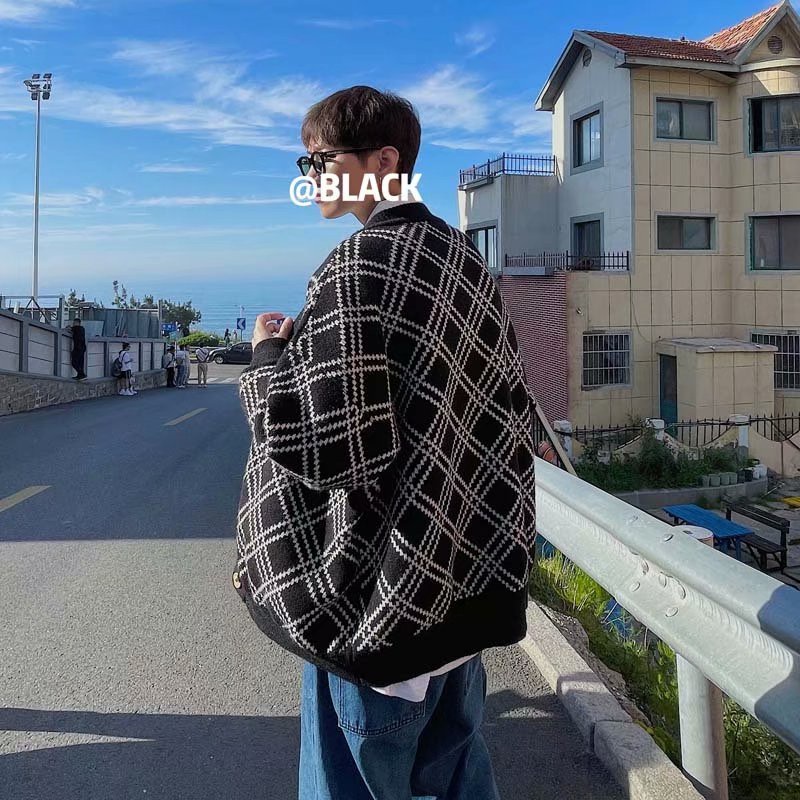 Áo khoác cardigan len cổ chữ v dáng rộng kẻ sọc ca rô kiểu vintage Hàn Quốc thời trang cho nam