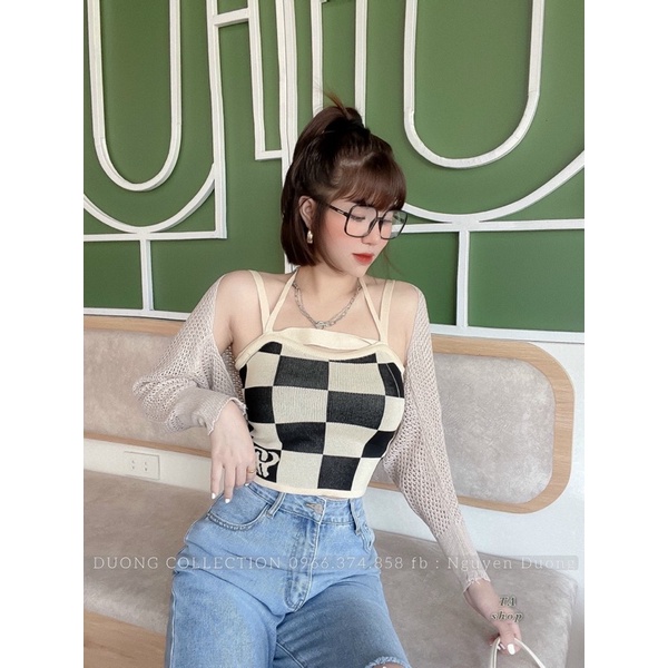 Set áo cadigan lưới mix áo hai dây len kẻ ô vuông, chất len mtg.