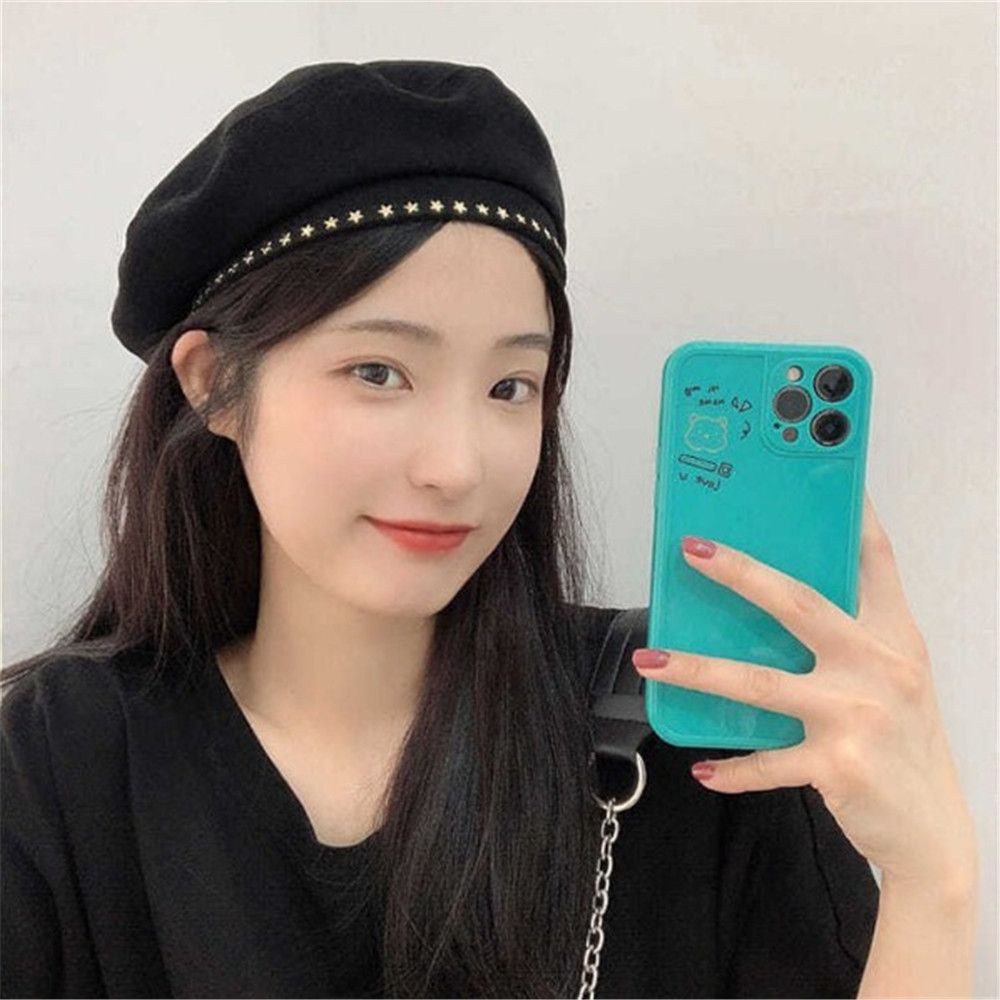 Mũ beret phối khoen kim loại họa tiết ngôi sao phong cách Pháp thời trang dễ phối đồ 2022