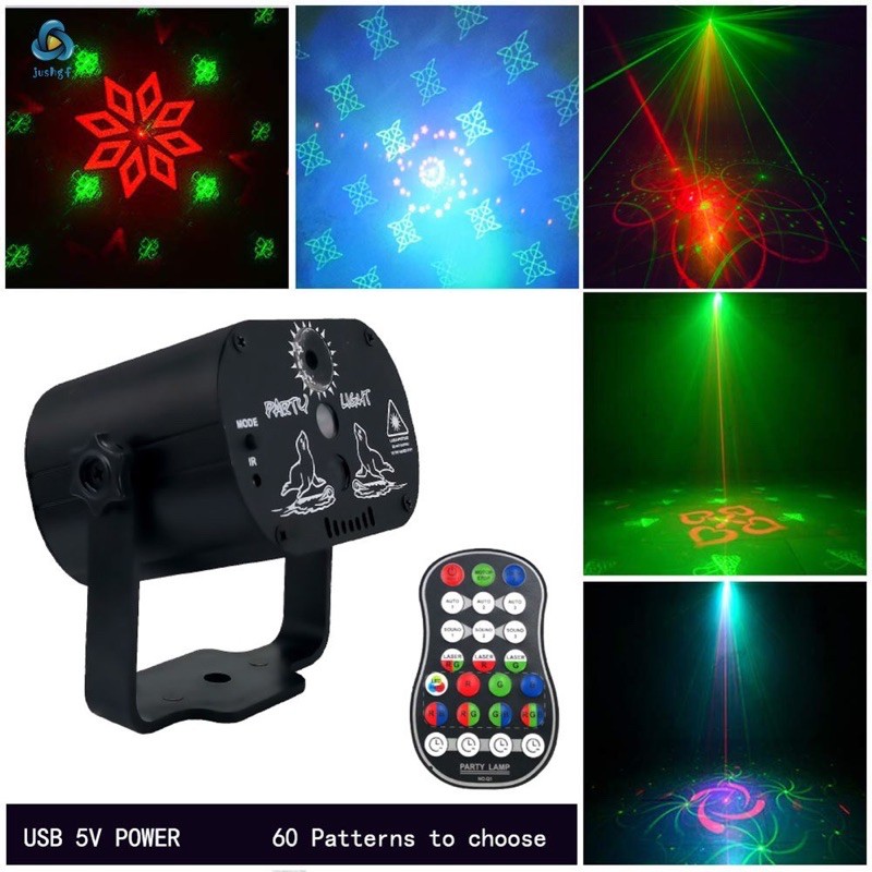 Đèn LED laser nháy theo nhạc chiếu 60 hình, đèn phòng bay chiếu ánh sáng laser có điều khiển từ xa.