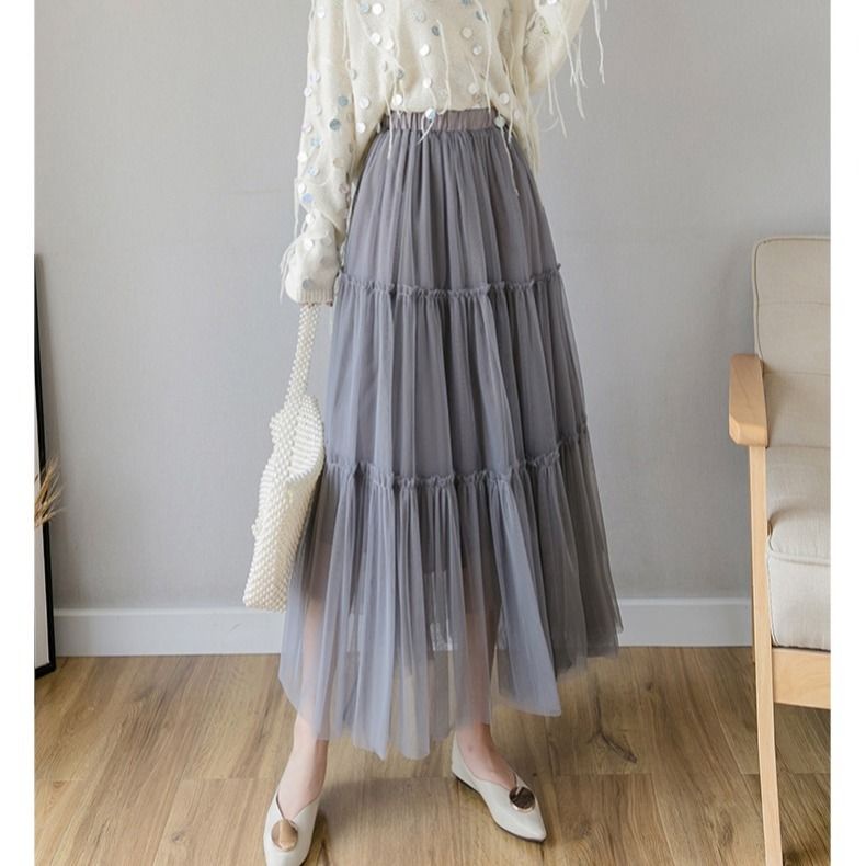 Chân Váy Lưới Dáng Chữ A Dài Qua Gối Thời Trang Mùa Đông Cho Nữ