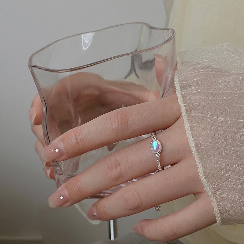 Nhẫn bạc nhẫn nữ bạc s925 dây xích mặt đá lấp lánh đổi màu hình bầu dục Cá jewelry NB111