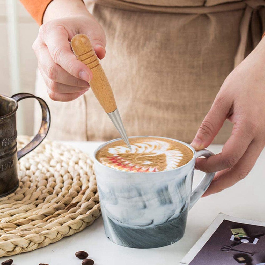Bút Vẽ Trang Trí Cà Phê Cappuccino Bằng Thép Không Gỉ Tay Cầm Bằng Gỗ DIY