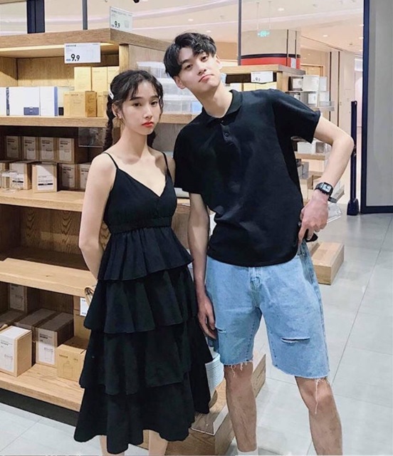 Áo đôi: Áo đầm layer maxi 4 tầng + Áo thun nam