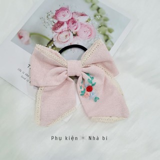 Cột tóc nơ vải linen thêu thủ công