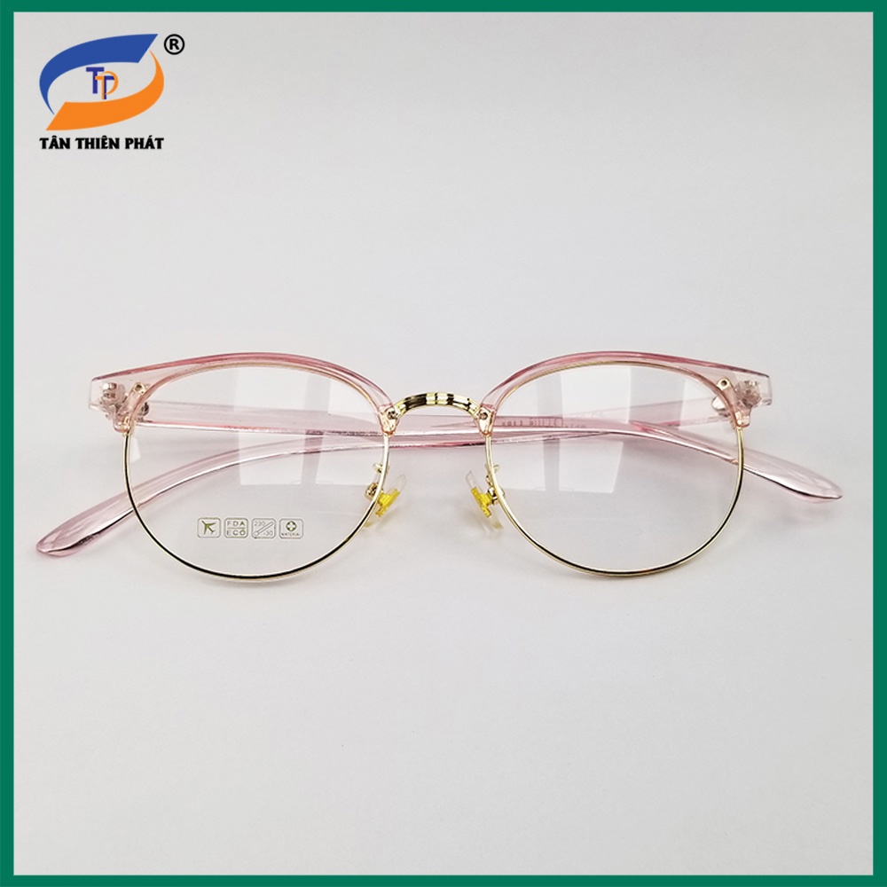 Gọng kính cận nam nữ mắt tròn kim loại/nhựa 6214 màu đen, hồng. Tròng kính giả cận 0 độ chống ánh sáng xanh, tia UV
