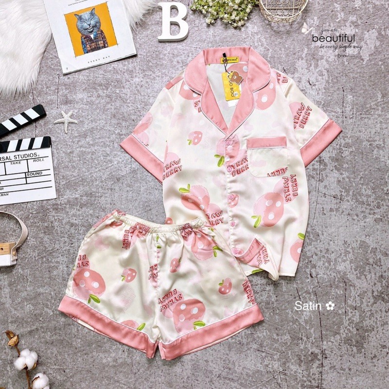 🌸Freeship🌸 Đồ Bộ Pijama Lụa Satin Hoạ Tiết Dễ thương Mặc Nhà Thoải Mái Mát Mẻ