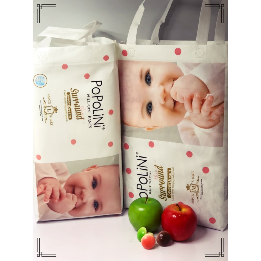 TÃ QUẦN POPOLINI size M 48 miếng dành cho bé 6-11kg, xuất xứ UK, mềm mỏng 0.2cm, an toàn, chống hăm, giá tốt nhất