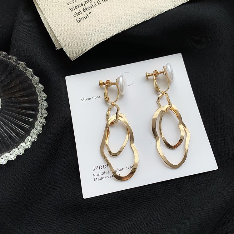 Khuyên tai kẹp không bấm lỗ chốt điều chỉnh K074 bằng hợp kim mạ vàng hình khối bigsize dáng dài Leous Accessories