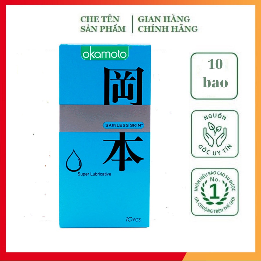 Bao Cao Su Okamoto xanh cao cấp, bao cao su siêu mỏng tinh khiết nhiều gel, hộp 10 bcs