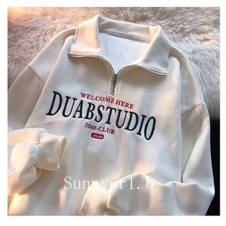 Áo sweater cổ đứng phối khóa kéo thêu chữ thời trang cho nữ