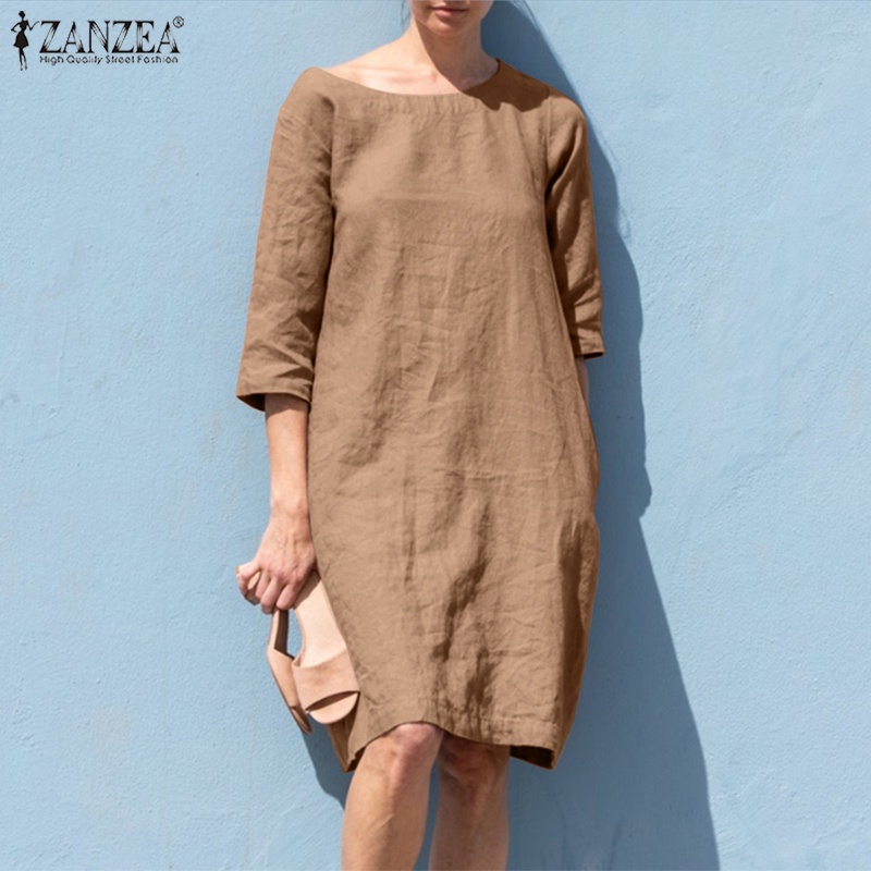 Đầm ZANZEA tay 3/ 4 có túi phong cách châu Âu dành cho nữ tùy chọn màu sắc