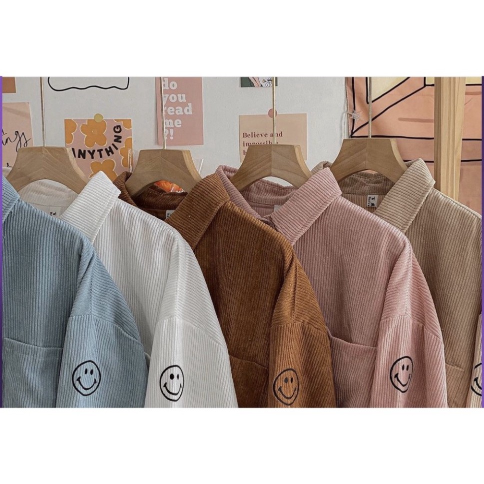 Áo sơ mi nhung tăm nữ Unisex AS03, kiểu áo sơ mi nữ oversize form rộng thêu hình mặt cười chất vải nhung tăm dày dặn ao. | BigBuy360 - bigbuy360.vn