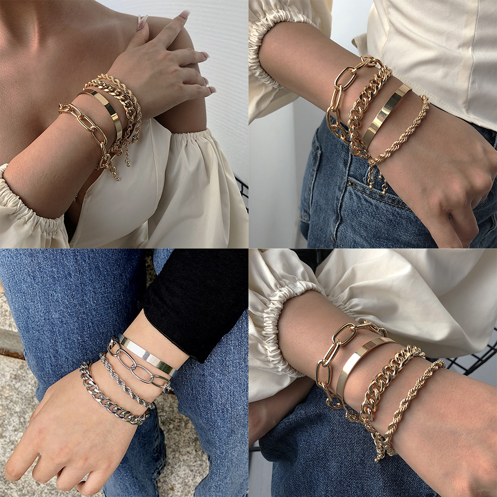 Set 4 Vòng Tay Mạ Vàng Nhiều Lớp Thiết Kế Đơn Giản Cho Nữ