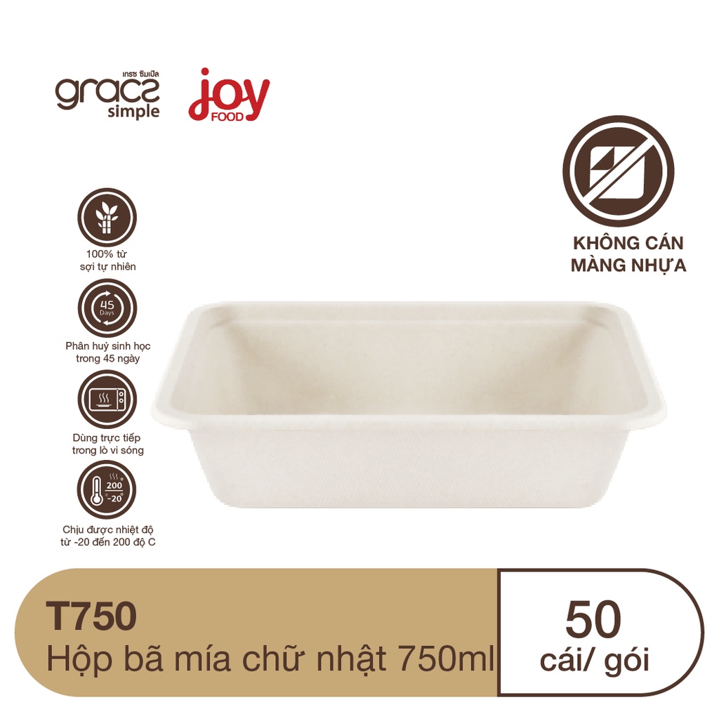 50 hộp bã mía chữ nhật 750ml thích hợp đựng cơm trộn, mì xào, miến xào/ Kèm Nắp Nhựa