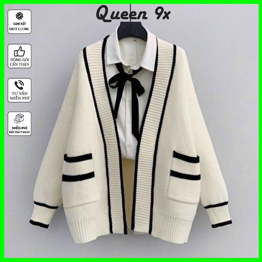ÁO CARDIGAN, ÁO KHOÁC Nữ Form Rộng Viền Túi Đen Trắng Phong Cách Basic