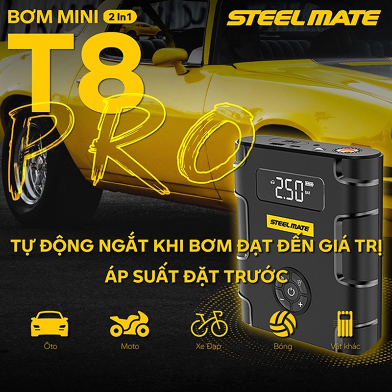 Bơm Mini Kiêm Sạc Bình STEELMATE T8 Pro Dành Cho Xe Hơi