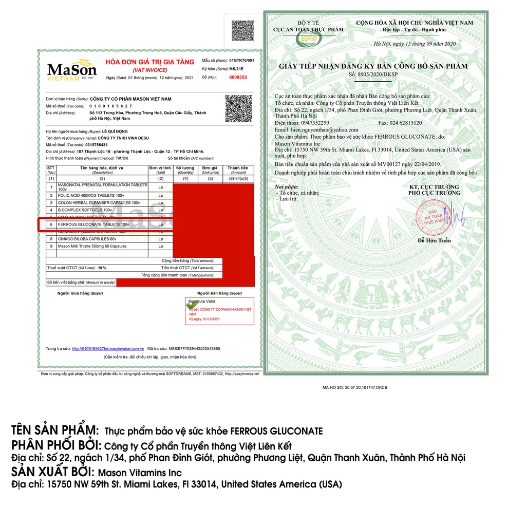 Viên uống Mason Natural Ferrous Gluconate bổ sung sắt hữu cơ hỗ trợ giảm hoa mắt chóng mặt do thiếu máu bảo vệ tim mạch
