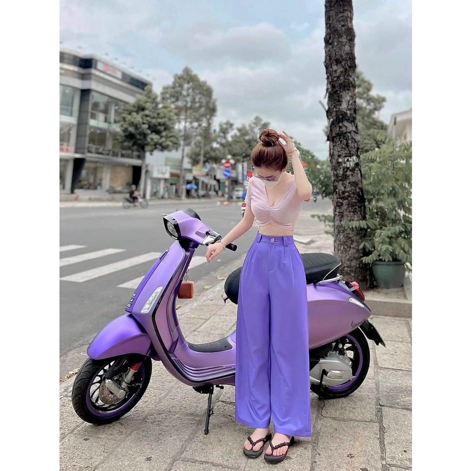 Set áo cổ tim và quần tím dễ thương