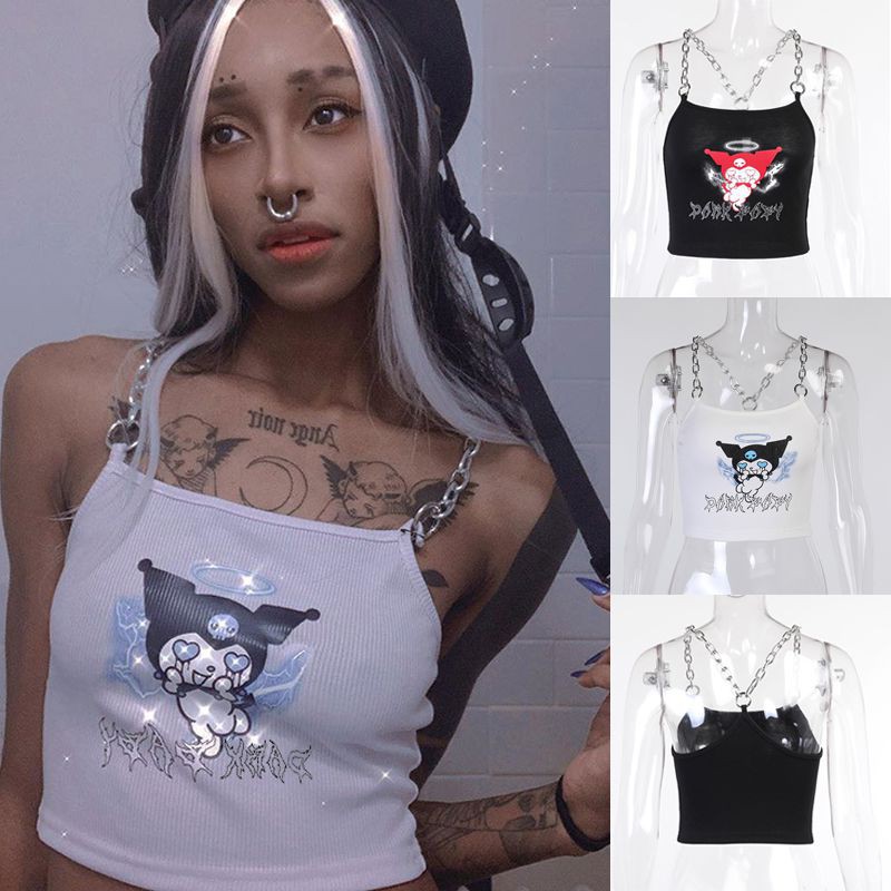Áo hai dây hở lưng phối dây chuỗi xích không tay in hình Anime Kuromi cho nữ