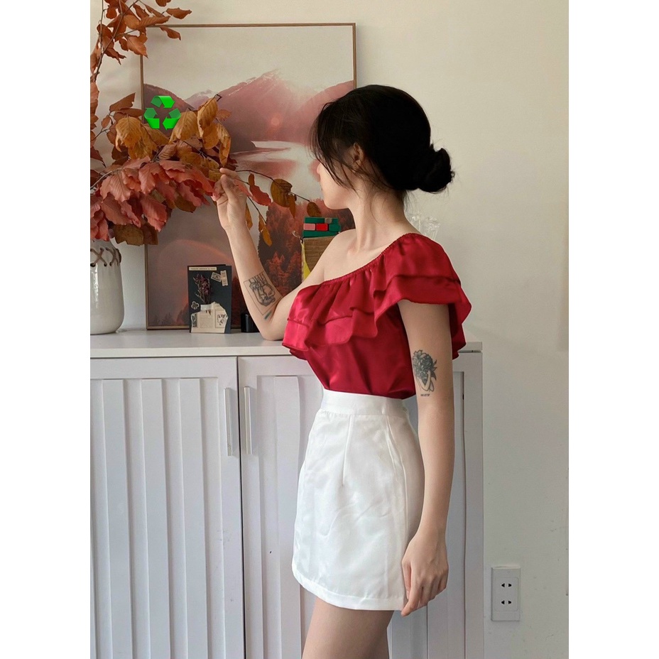 Áo phi lụa lệch vai viền bèo cực sexy , chất phi mềm mịn mát