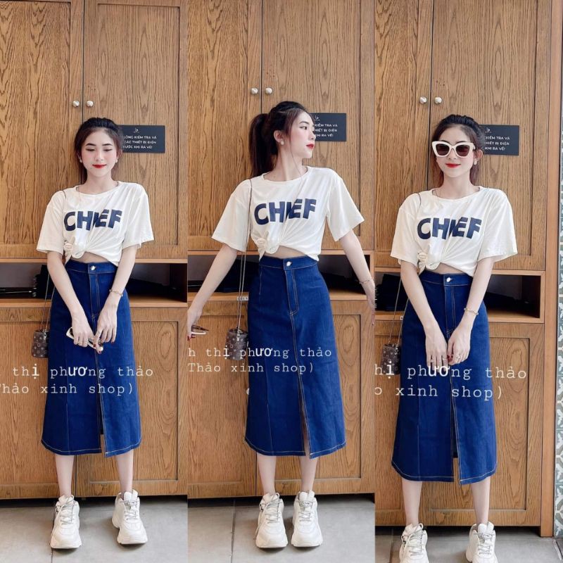 set áo phông trắng kèm chân váy jean xanh dương