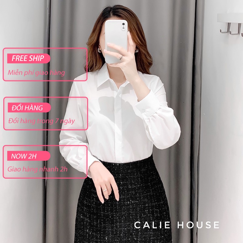 Áo sơ mi thô hàn nữ cổ đức dài tay dáng basic form rộng thanh lịch thời trang công sở Calie House A121 | BigBuy360 - bigbuy360.vn