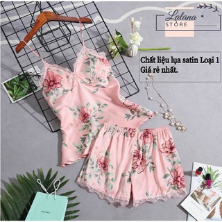 Bộ ngủ lụa satin 🌸freeship🌸, bộ ngủ hai dây hoa, chất liệu lụa satin loại 1.