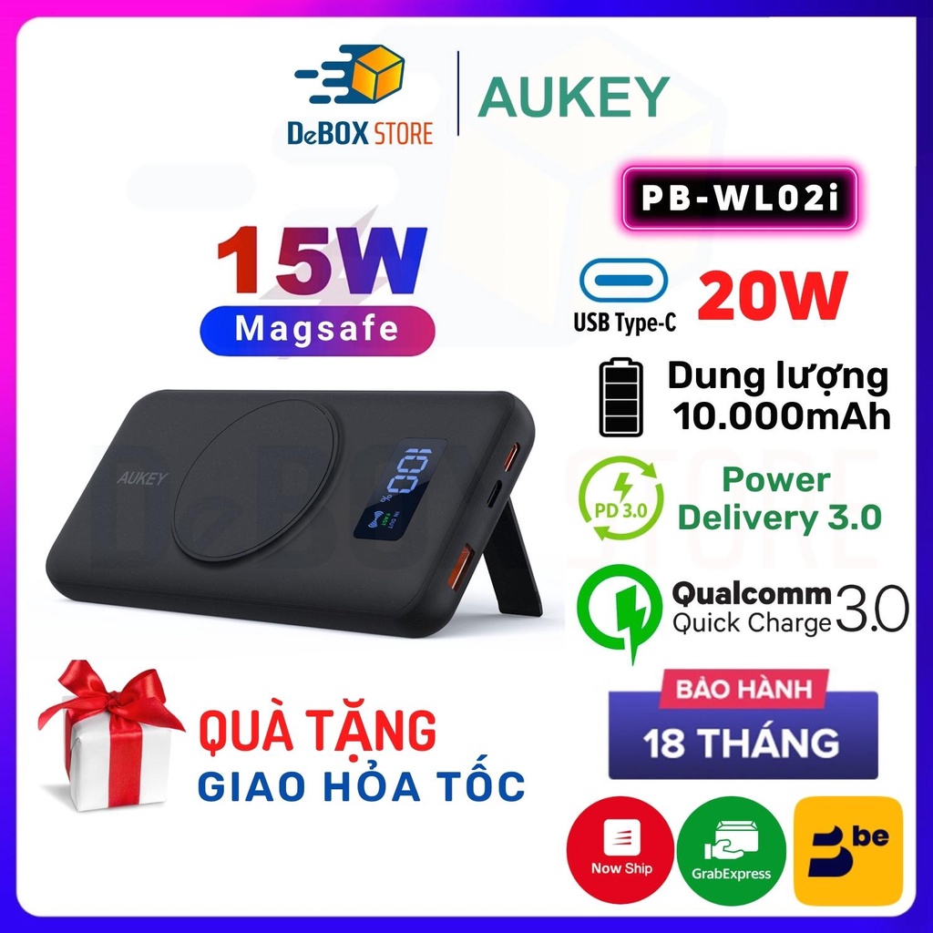 【Giao Hỏa Tốc】Pin dự phòng AUKEY Basix MagAir PB-WL02i 10000mAh, đế sạc không dây nam châm, tích hợp cổng sạc IP