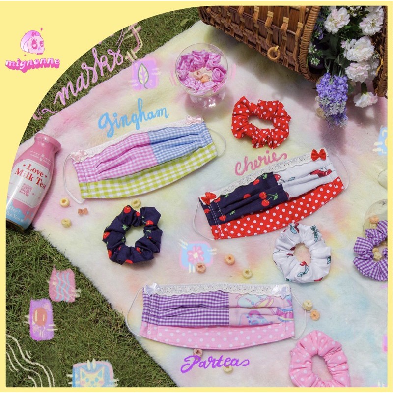 Khẩu Trang Patchwork | kèm cột tóc | mignonne | 4 Lớp Kháng Khuẩn Chống Bụi Mịn Thời Trang Dễ Thương Màu Sắc