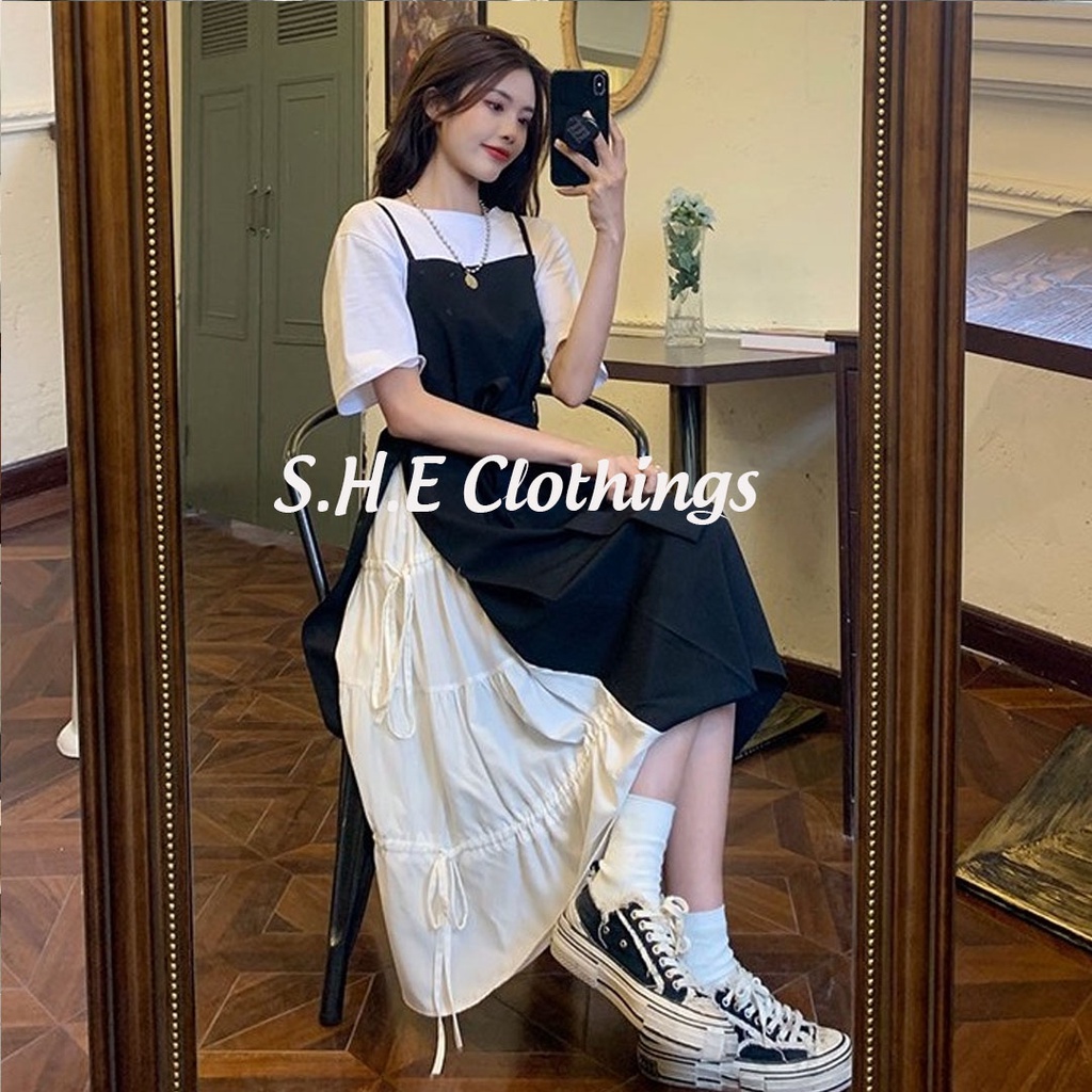 Set Váy Yếm 2 Lớp Đen Trắng Váy Yếm Nữ Dáng Suông Dài Mix Áo Croptop Trắng Freesize Style Hàn Quốc Ulzzang