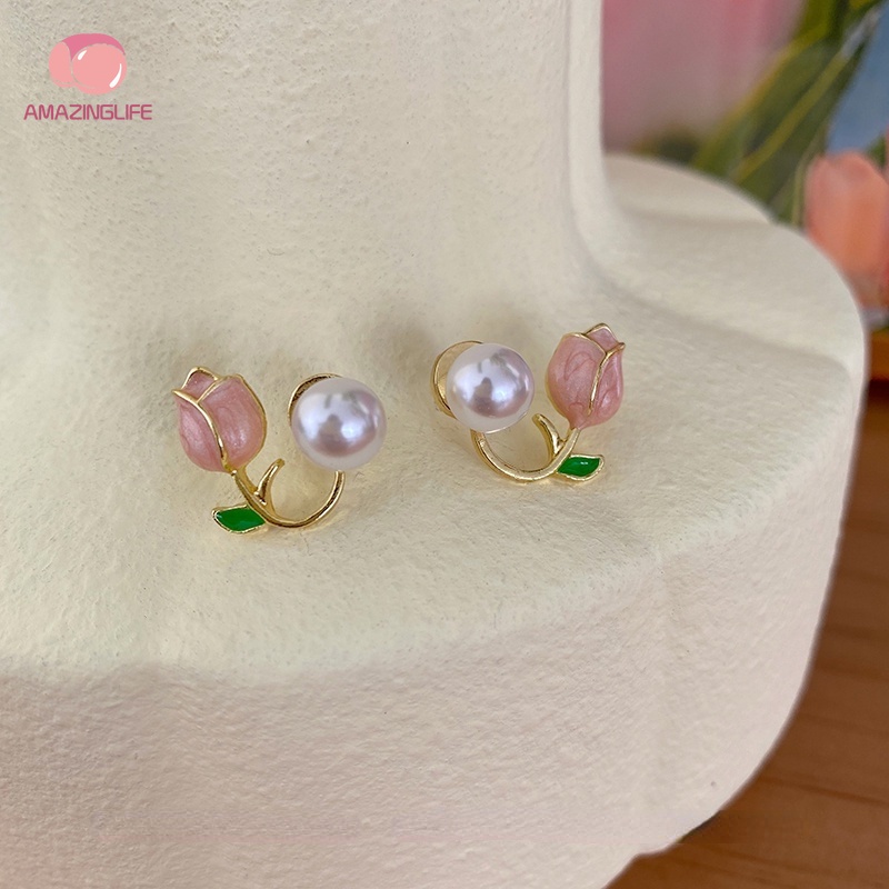 Bông Tai Hình Hoa Tulip Đính Ngọc Trai Giả Sang Trọng Cho Nữ