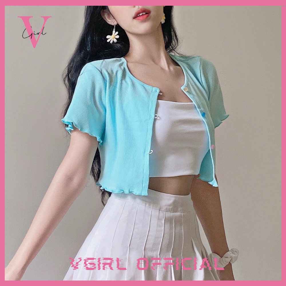 Áo khoác lửng Croptop nữ VGIRL xanh Pastel phối nút màu [ẢNH ĐỘC QUYỀN]