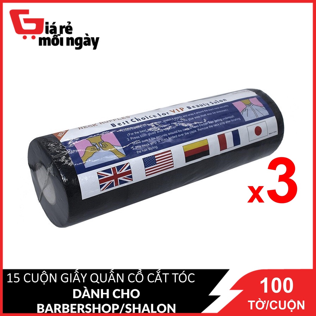 3 Cây 15 Cuộn Giấy quấn cổ cắt tóc dành cho barbershop/salon ĐEN 100 tờ/cuộn