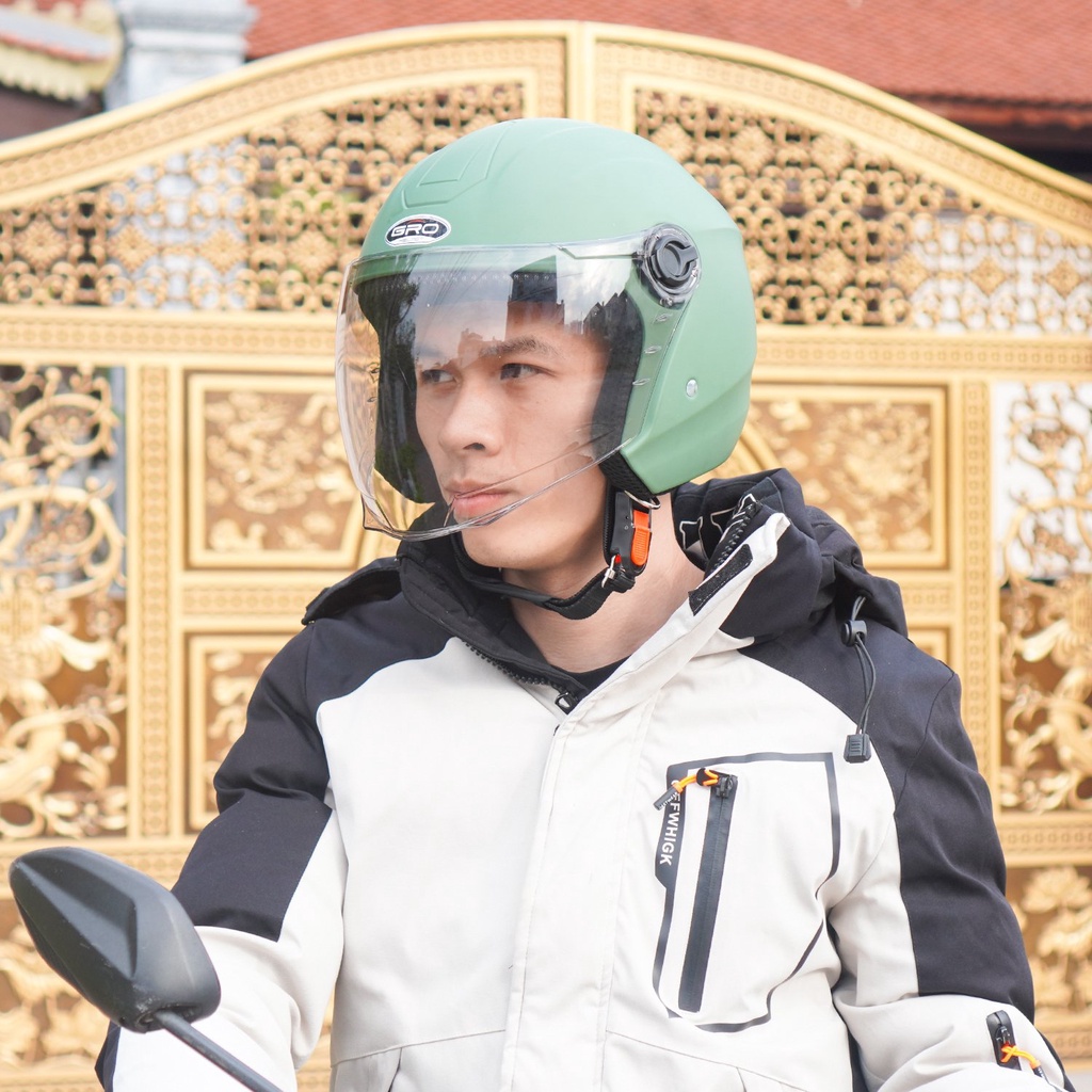 Mũ Bảo Hiểm 3/4 đầu GRO Helmet ST27 có kính dài che cả mặt, kiểu dáng thời trang, khóa kim loại chắc chắn - Xanh Ngọc