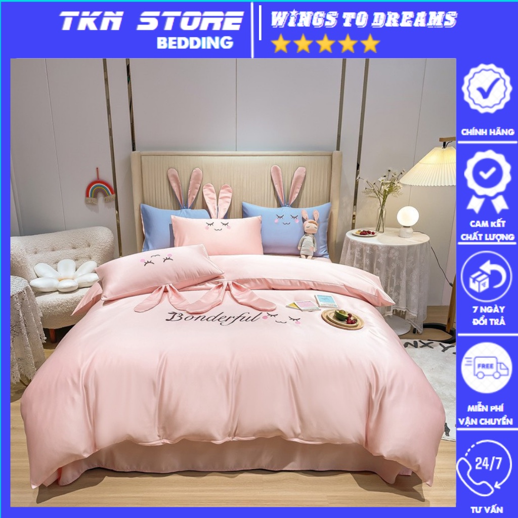 Bộ Chăn Ga Gối Lụa Tai Thỏ , Drap Mền Chất Liệu Phi Lụa Mềm Mịn Mát Lạnh Mẫu Mới 2022