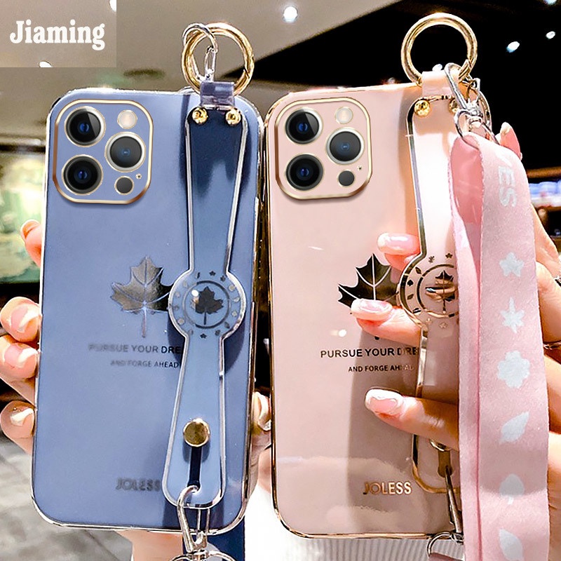 Ốp Điện Thoại Mạ Điện Họa Tiết Lá Phong Sang Trọng Kèm Giá Đỡ Và Dây Đeo Cho iPhone 11 12 13 Pro Max