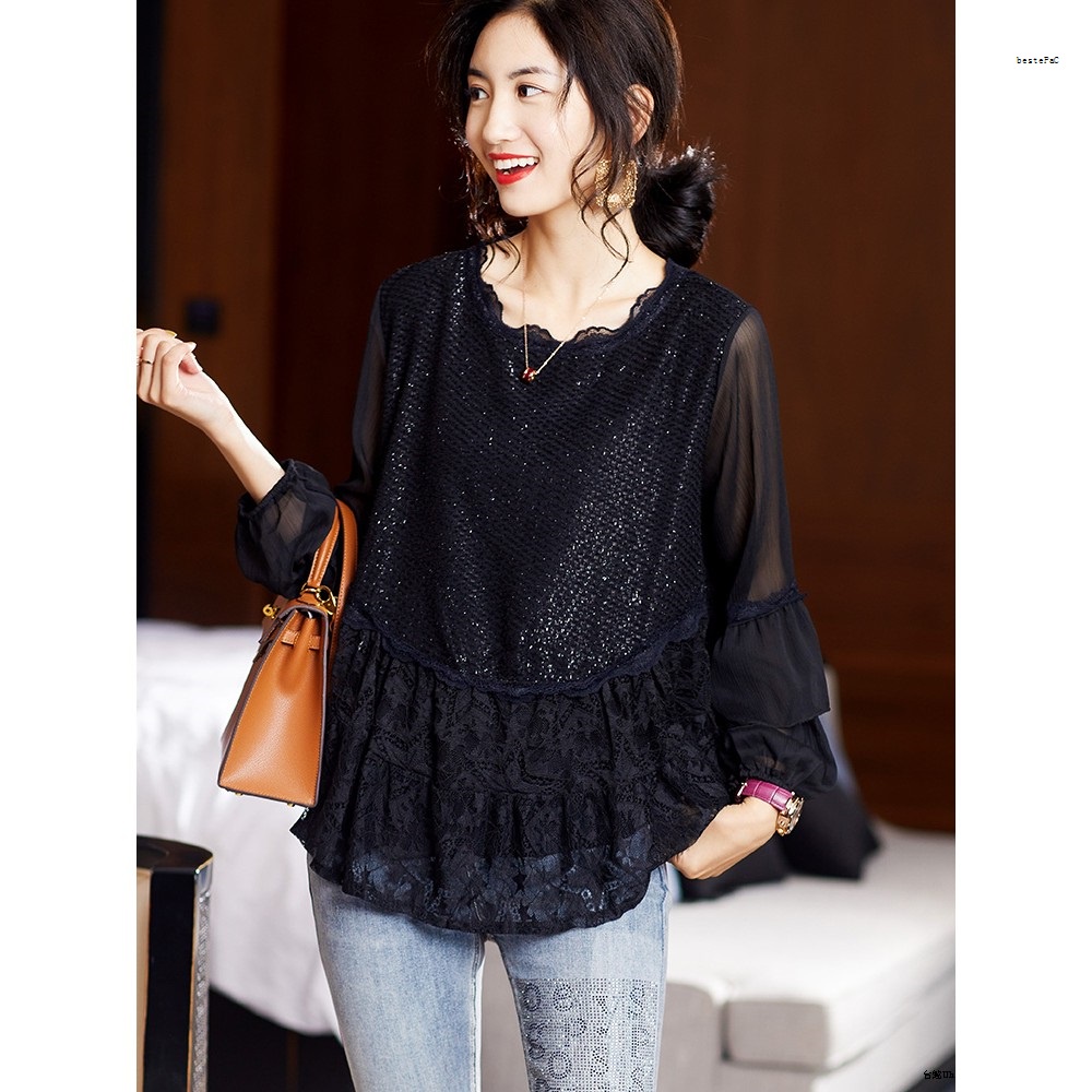 Áo Sơ Mi Chiffon Tay Dài Dáng Rộng Phong Cách Phương Tây Phối Ren Tuyết Cỡ Lớn Thời Trang Mới Cho Nữ