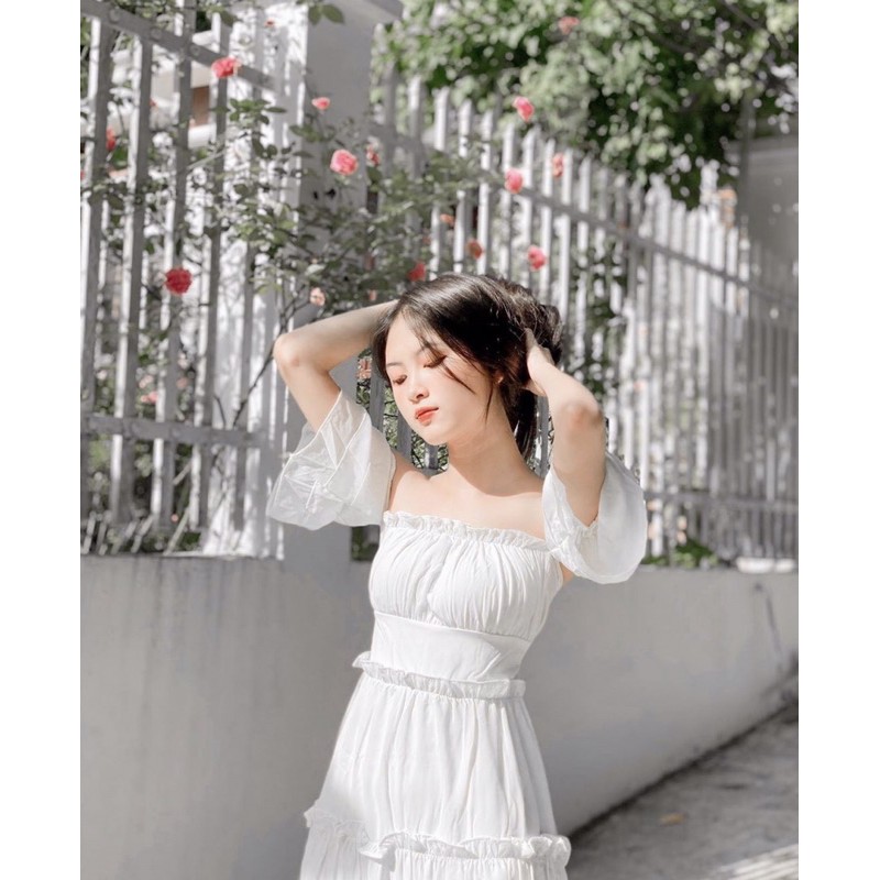 (SẴN-CLIP THẬT) Đầm babydoll trễ vai dự tiệc tay bồng sang trọng | BigBuy360 - bigbuy360.vn