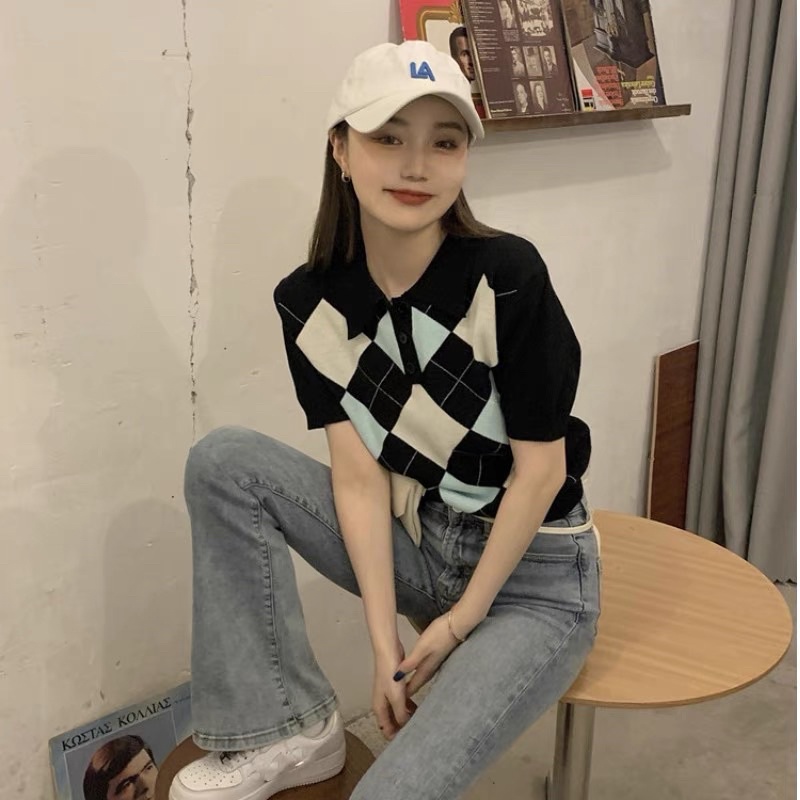 [ SẴN ] Áo polo croptop ô trám ( 2 màu: trắng/ đen ) | BigBuy360 - bigbuy360.vn