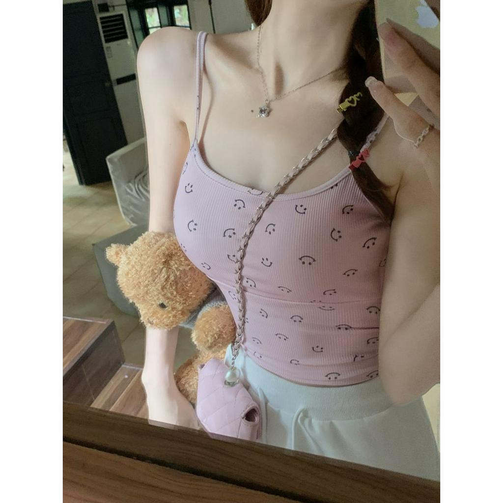 「 WELOVE1 」Áo Croptop Hai Dây Ôm Dáng Màu Hồng Trơn Quyến Rũ